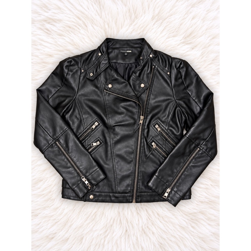 Fashion Nova Black Faux Leather Moto Jacket XL Fits M Asymmetrical Biker
